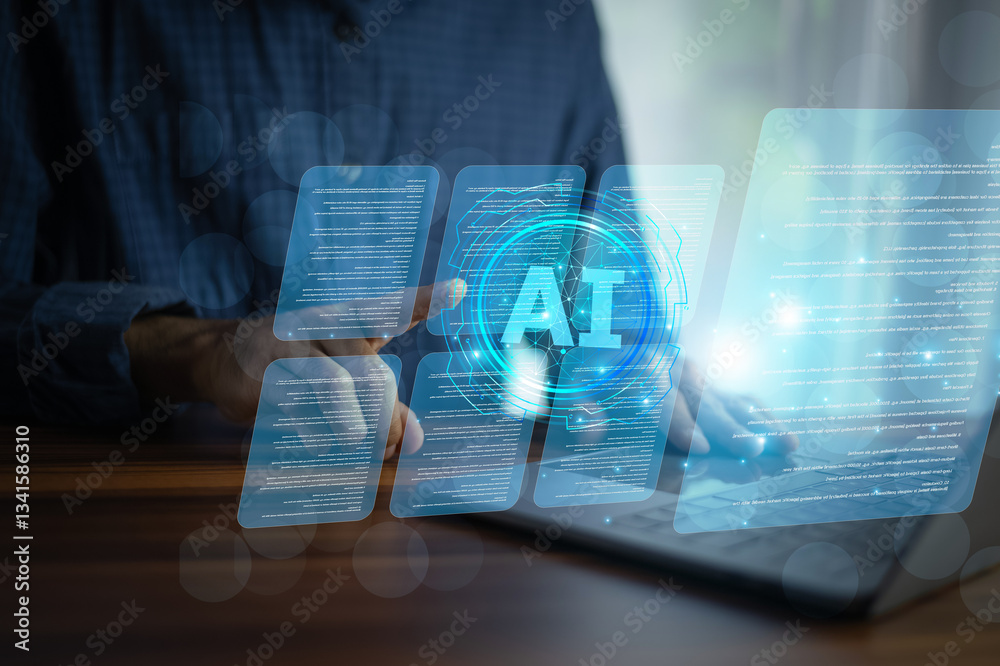 businessman using AI-powered CRM technology on a laptop to analyze customer data and optimize marketing strategies.