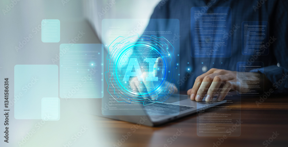businessman using AI-powered CRM technology on a laptop to analyze customer data and optimize marketing strategies.
