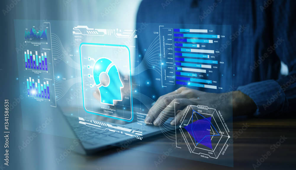 businessman using AI-powered CRM technology on a laptop to analyze customer data and optimize marketing strategies.
