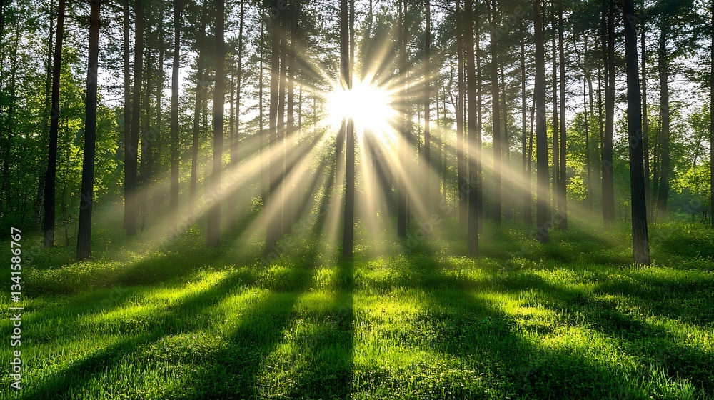 Fototapeta premium Sunbeams shining through tall trees in a lush forest