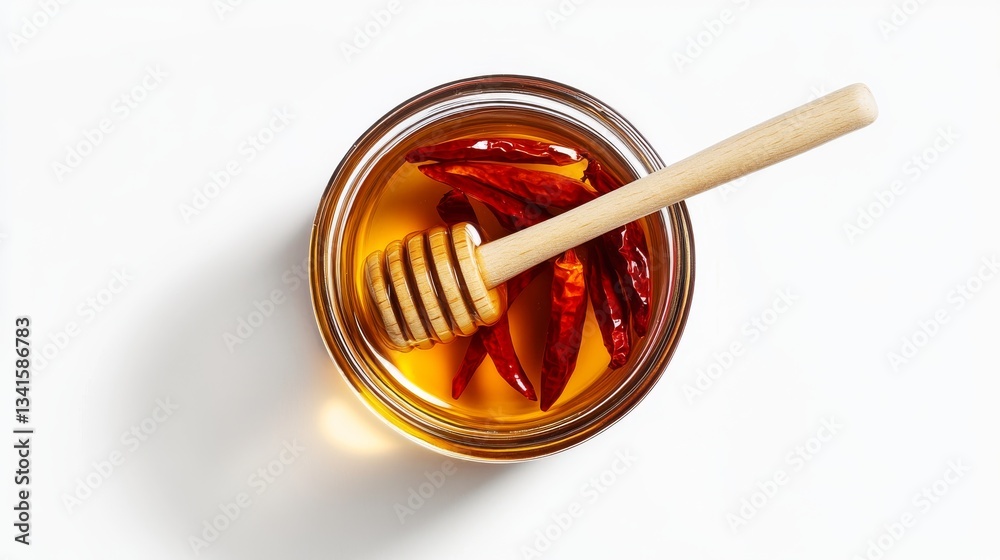 Top view of glass jar with honey, red chili peppers, and wooden dipper on white background. Top view of glass jar with honey, red chili peppers, and wooden dipper on white background.