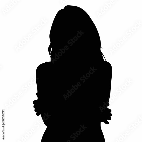 Silhouette of young woman crossing arms in black and white, human emotions