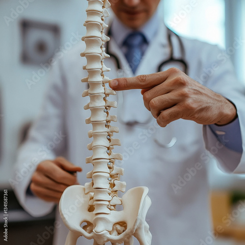 Physiotherapist examining a spine model in clinic photo