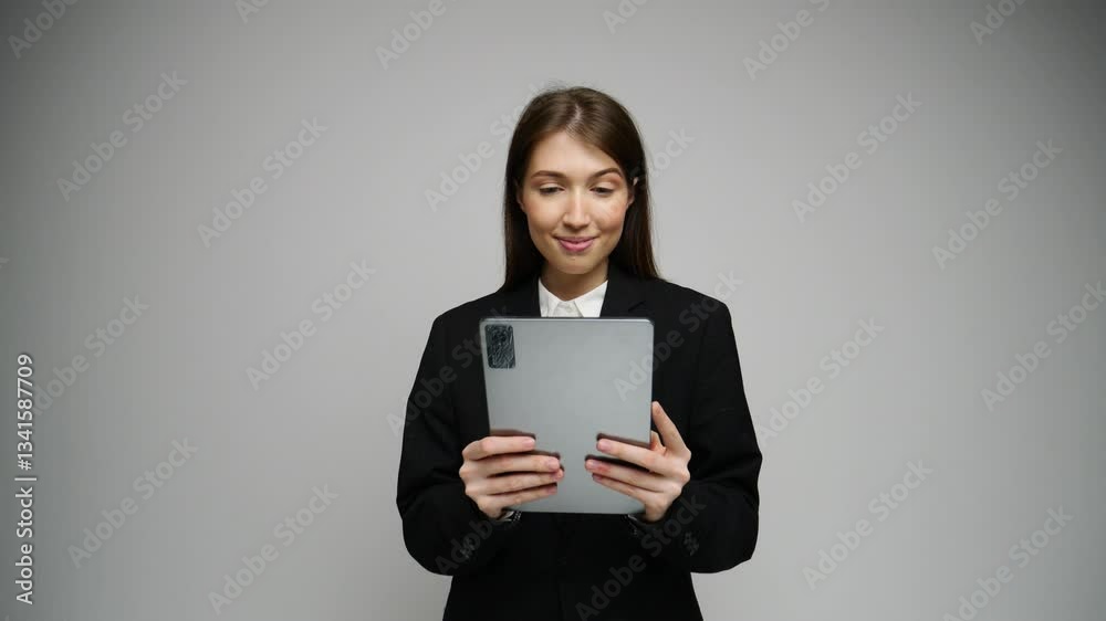 Business professional confidently presenting a tablet in a minimalistic studio setting Business professional confidently presenting a tablet in a minimalistic studio setting