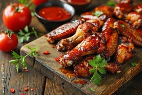 Glazed barbecue chicken drumsticks on white plate. Neural network AI generated