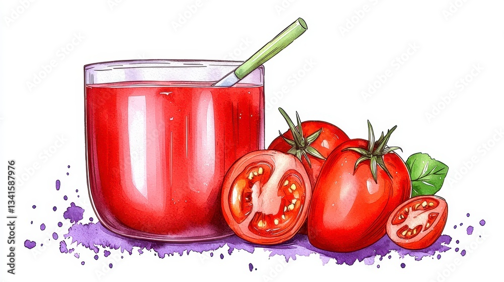 A vibrant watercolor painting of a refreshing glass of tomato juice, accompanied by fresh tomatoes and basil A vibrant watercolor painting of a refreshing glass of tomato juice, accompanied by fresh tomatoes and basil