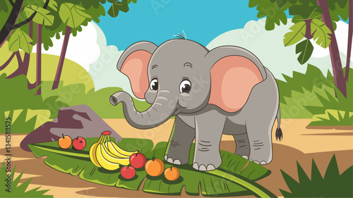 A charming cartoon elephant stands happily next to a variety of colorful fruits resting on a large green leaf amid a vibrant jungle setting.