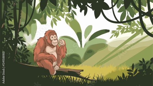 A charming illustration of an orangutan sitting on a branch in a vibrant jungle. Surrounded by greenery, it embodies the tranquility of wildlife.
