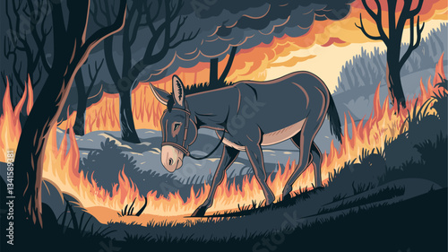 A resilient donkey navigates a dramatic landscape engulfed in flames, showcasing the challenge of survival amidst nature's wrath.