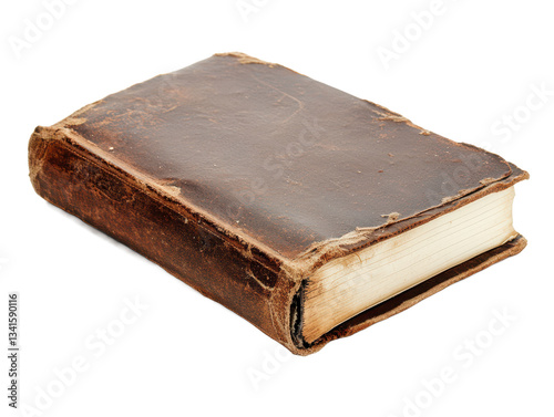 Vintage leather-bound book with worn cover and dog-eared pages, showcasing the beauty of age and history, ideal for literary themes and antique presentations.