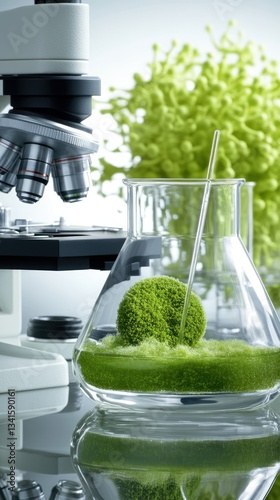 An innovative biology experiment is being conducted in a laboratory, utilizing a microscope and cultivating algae