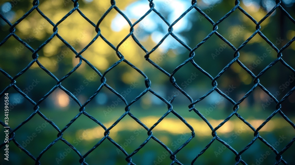 Close-up of a damaged chain link fence with blurred green park background. Close-up of a damaged chain link fence with blurred green park background.