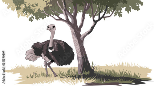 A stylized illustration of an ostrich standing beneath a leafy tree, surrounded by grassy terrain, ideal for nature-themed projects.