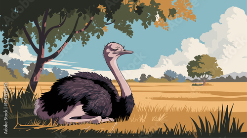A beautifully illustrated ostrich resting in a sunny meadow, surrounded by trees and rolling hills, perfect for nature or wildlife themes.