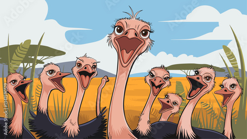 A lively group of cartoon ostriches displaying their vibrant personalities in a colorful savanna setting. Perfect for whimsical designs!