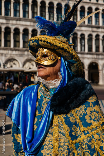 Italian Carnival Character: Masked Figure in Historical Setting 