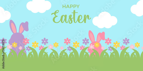 Happy Easter day banner with grass, flowers and bunny	