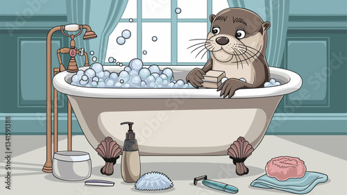 A charming illustration of an otter lounging in a bathtub filled with bubbles. Surrounded by bath products, the scene captures a whimsical and relaxing moment.