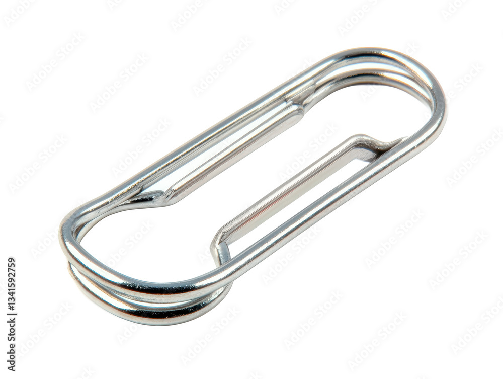 Metallic paperclip isolated on white background, showcasing its shiny surface, smooth edges, and versatile design for organizing papers and documents effectively Metallic paperclip isolated on white background, showcasing its shiny surface, smooth edges, and versatile design for organizing papers and documents effectively