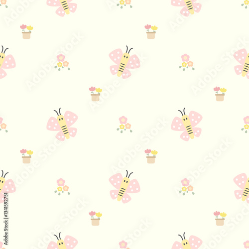 Butterfly pink cartoon so cute. On flower background. Pattern seamless vector illustration. 