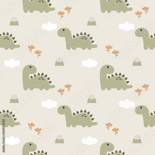 Dinosaur green cartoon so cute. On mountain cloud flower background. Pattern seamless vector illustration. 