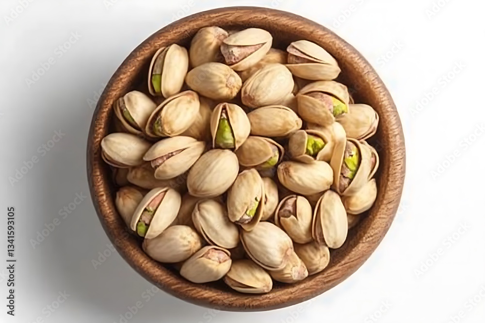 Delicious Roasted Pistachios in Wooden Bowl, Top View, Food Photography Delicious Roasted Pistachios in Wooden Bowl, Top View, Food Photography