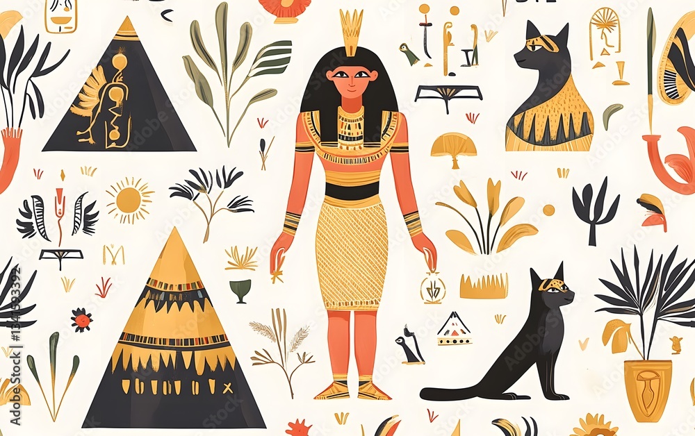 Ancient Egyptian-inspired seamless pattern with hieroglyphics, pyramids, and stylized gods in golden hues