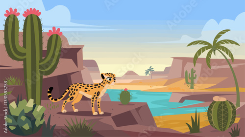 Explore a vibrant desert scene featuring a cheetah amidst cacti and lush greenery, set against a tranquil river and distant mountains.