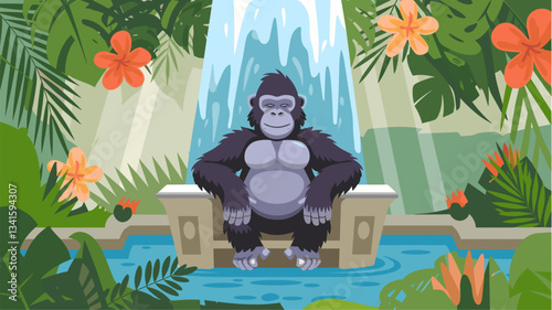 A serene illustration of a mighty gorilla resting by a tranquil waterfall, surrounded by vibrant tropical plants and flowers.