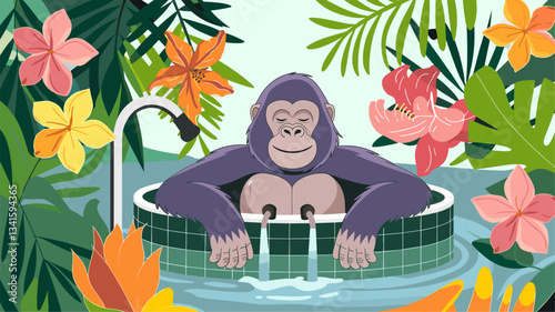 A whimsical illustration of a cheerful gorilla lounging in a lush tropical setting, surrounded by vibrant flowers and greenery.