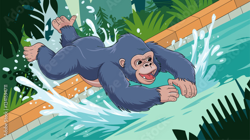 A lively illustration of a playful gorilla diving into a pool, surrounded by lush greenery, capturing fun and adventure.