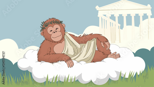 A whimsical illustration of a relaxed ape draped in a toga, lounging on a fluffy cloud with a classical temple in the background.