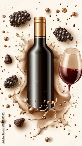 Rich red wine bottle and glass surrounded by splashes and berries on a cream background reveal a delightful indulgence in fine beverages