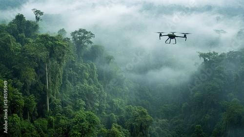 Remote sensing drone flying over misty rainforest canopy, surveillance technology