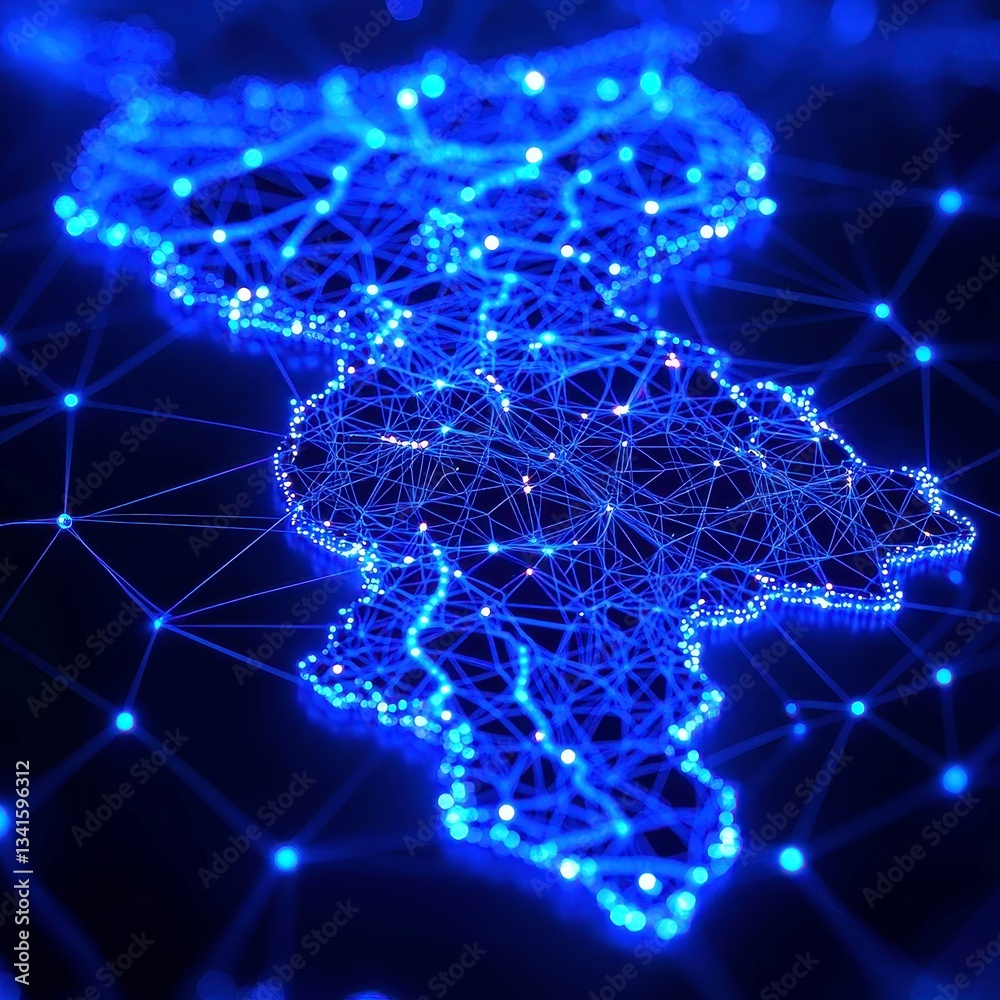 Futuristic Map of Norway, interconnected glowing blue nodes and digital network streams, deep blue background highlighting technological advancement and innovation