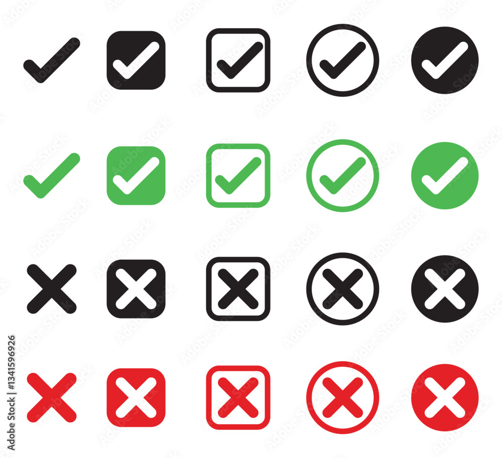 check mark and red cross icon set. Circle and square. Checkmark Illustration. Vector symbols set ,checkmark. Vector illustration. check mark and red cross icon set. Circle and square. Checkmark Illustration. Vector symbols set ,checkmark. Vector illustration.