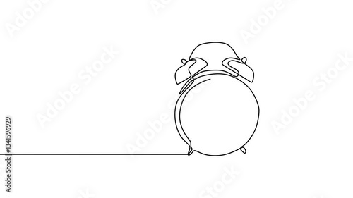 Alarm clock showing nine o’clock. Represents routine, time awareness, and punctuality. Continuous line art drawing animation black and white.