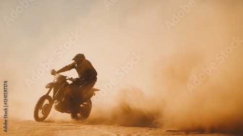 High-resolution photo captures extreme motorcyclist  riding in sand  in the desert is escaping a sandstorm