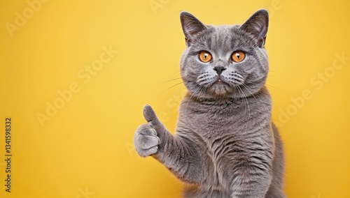 Portrait of a beautiful happy cat showing two thumbs up for a great job on an isolated yellow background.