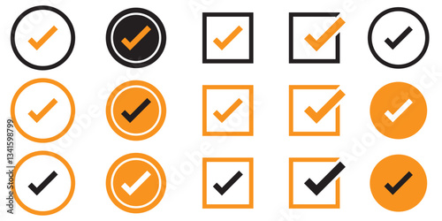 Check mark icon set with editable strokes. Accepted, rejected, approved, disapproved, right, wrong, correct, false, true, done symbols. 
