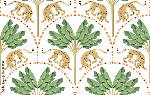 Leopard animal, tropical banana tree, arch seamless pattern. Jungle wallpaper.