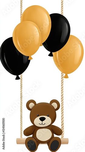 Cute teddy bear on a swing with black and gold balloons for a festive celebration in a cheerful atmosphere