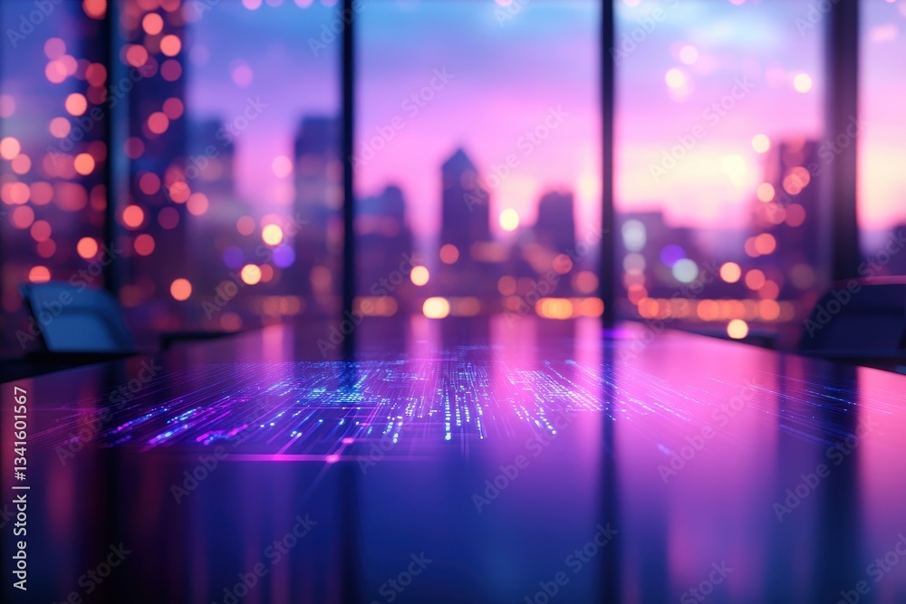 Fototapeta premium A futuristic conference room with a digital display on the table, showcasing vibrant colors and city lights in the background during twilight.