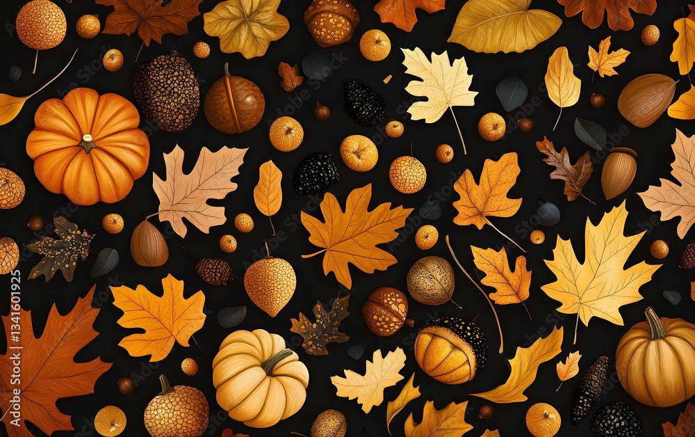 Autumn inspired pattern of falling leaves, pumpkins, and acorns in warm golden hues Autumn inspired pattern of falling leaves, pumpkins, and acorns in warm golden hues