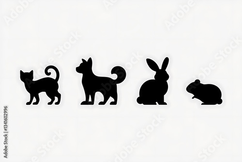 Four black silhouette icons of common pets a cat, dog, rabbit, and hamster are displayed horizontally against a light gray background.