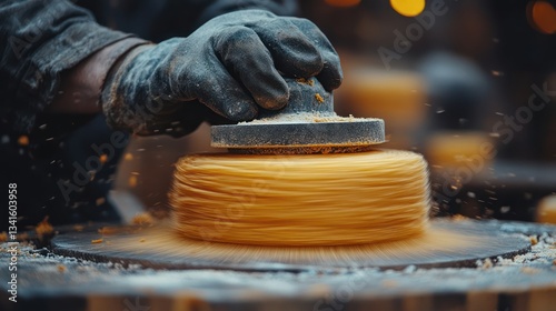 A carpenter sanding down the surface of a wooden cabinet panel with an orbital sander, ensuring a smooth finish with visible dust 