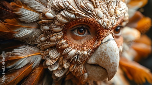Close up of an elaborately carved Torres Strait Islander dhari headdress showcasing intricate details of feathers and shells captured with prime lens