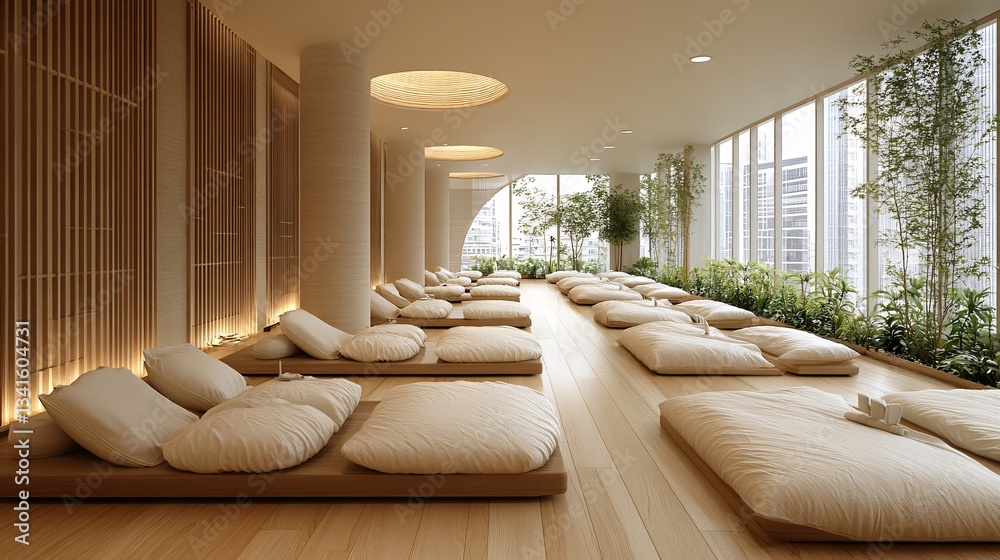 Fototapeta premium Tranquil Yoga Studio with Soft Cushions, Natural Light, and Refreshing Air Purification System