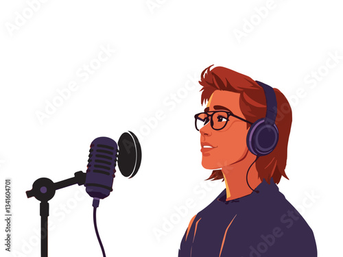 Podcast set. Influencer character standing near microphone and recording radio podcast. Vector illustration