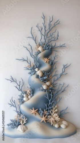 Beautiful coral reef wall art design featuring shells, starfish, and marine elements in soft blue and beige colors, perfect for enhancing a coastal-themed interior space